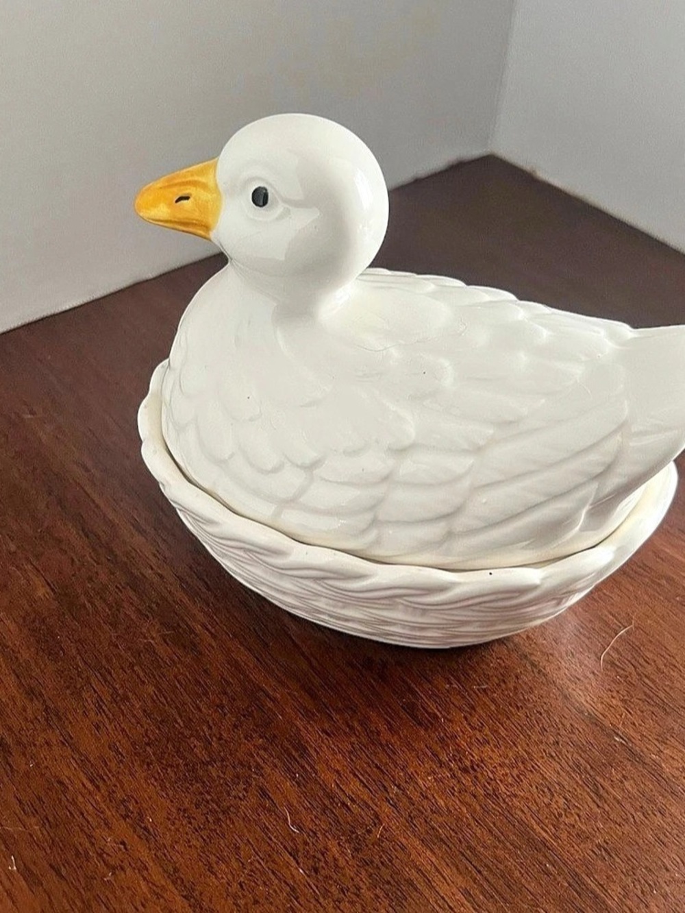 Duck-Shaped Ceramic Covered Dish in White & Yellow